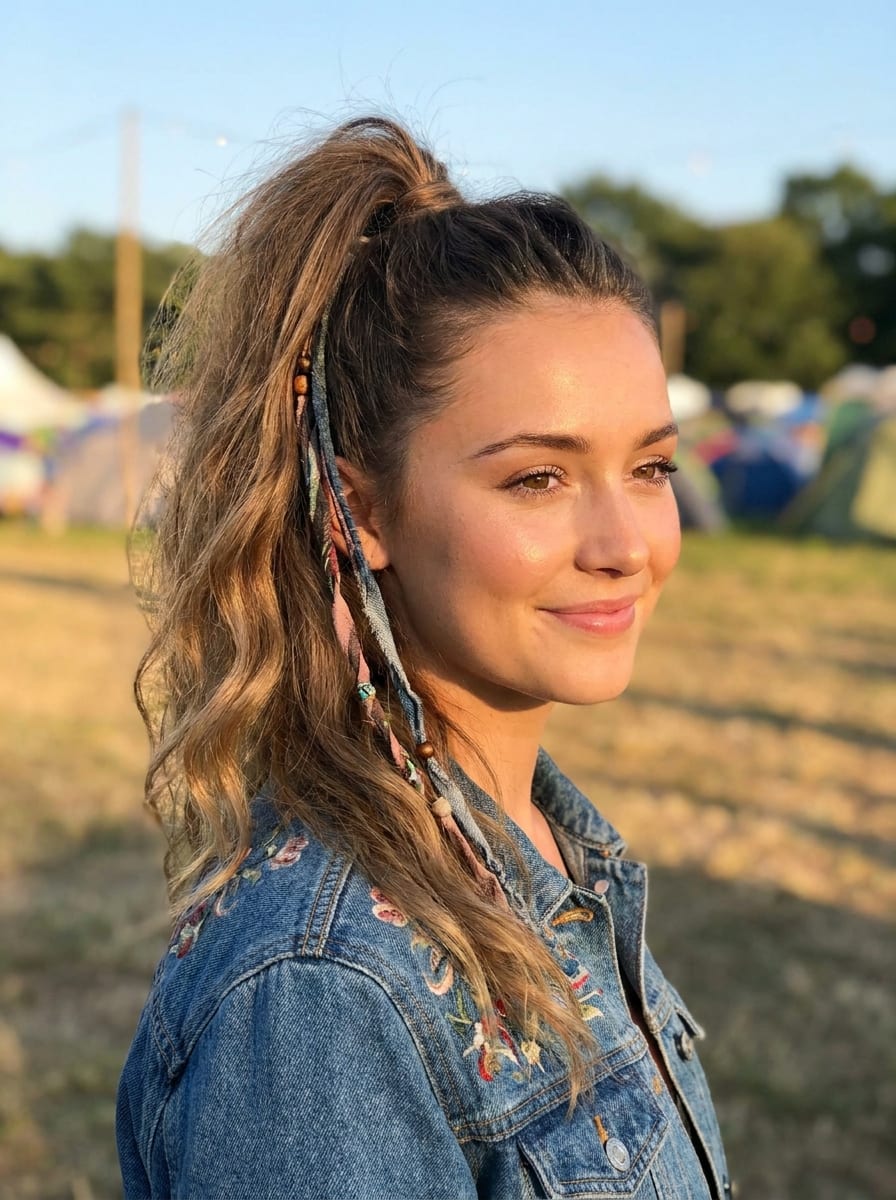 Hoher Ponytail mit weichen Wellen - Festival Frisur 2026